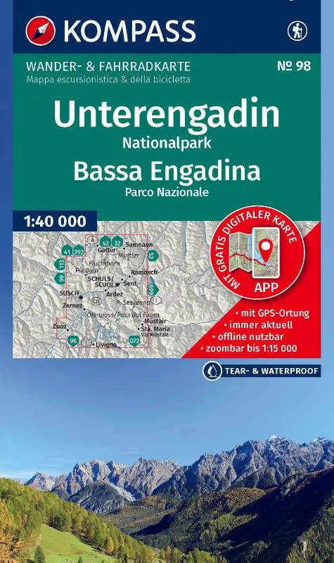 KOMPASS Wanderkarte 98 Unterengadin, Nationalpark / Bassa Engadina, Parco Nazionale 1:40.000 - Wanderkarte