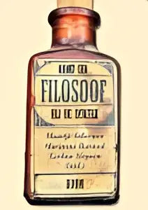Vintage glazen fles met kurk en filsoot label in ornate stijl voor komt een filosoof bij de dokter van koninklijke boom uitgevers