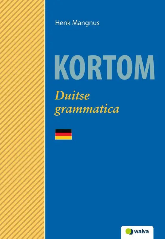 Blauw boek kortom van schoolsupport uitgeverij met gele diagonale strepen en duitse grammatica voor talen algemeen