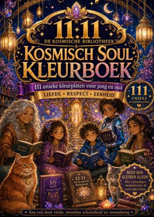 De kosmisch soul kleurboek cover toont gouden letters op een magische nacht met kinderen, katten en wereldse schoonheid