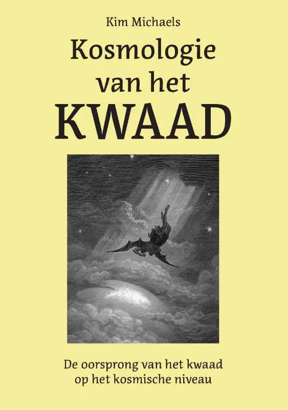 Boekomslag van kosmologie van het kwaad met zwart-witte vallende gevleugelde figuur op kosmologisch niveau achtergrond