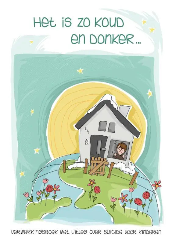 Een gezellig wit huis met zwart dak en besneeuwde veranda op een groene heuvel omringd door roze bloemen onder een sterrenhemel voor jonge lezers