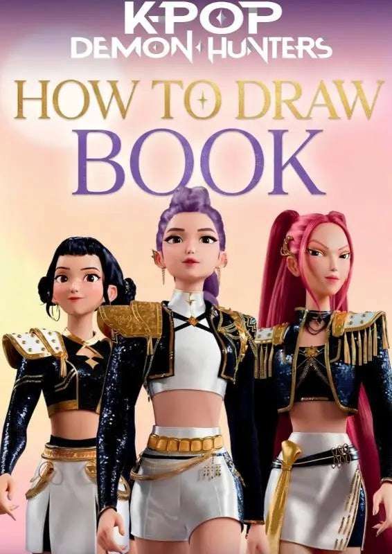 De cover van de kpop demon hunters how to draw book toont drie anime-stijl vrouwelijke personages in glanzende zwart-gouden outfits om de kunst van demon hunters te beheersen