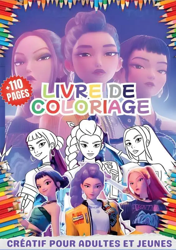 Kleurboek kpop demon hunters met animefiguren in diverse outfits en haarstijlen en een kleurrijke border, thema pouvoir des idoles
