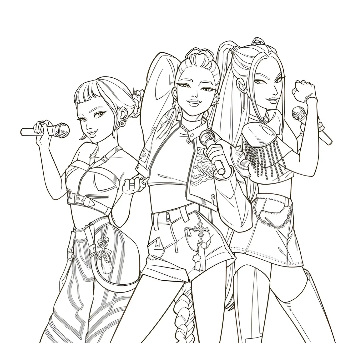Line art illustratie van drie stylized vrouwelijke popidolen in trendy streetwear met microfoons voor kpop demon hunters deluxe kleurboek