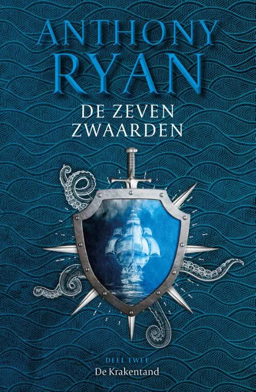 Blauw boek cover met metalen schild, scheepsillustratie, octopus tentakels en spikes voor de krakentand sijthoff fantasy