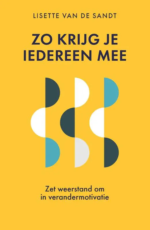 Gele boekomslag met zet weerstand in de titel en een abstract geometrisch ontwerp in wit, groenblauw en donkergrijs