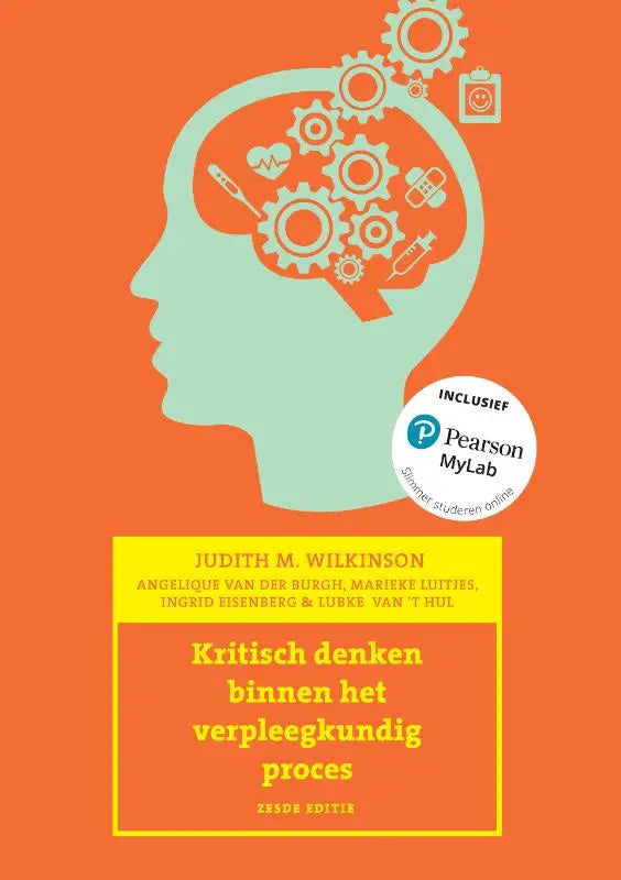 Boekcover van kritisch denken binnen het verpleegkundig proces met lichtteal hoofd en medische symbolen op oranje achtergrond