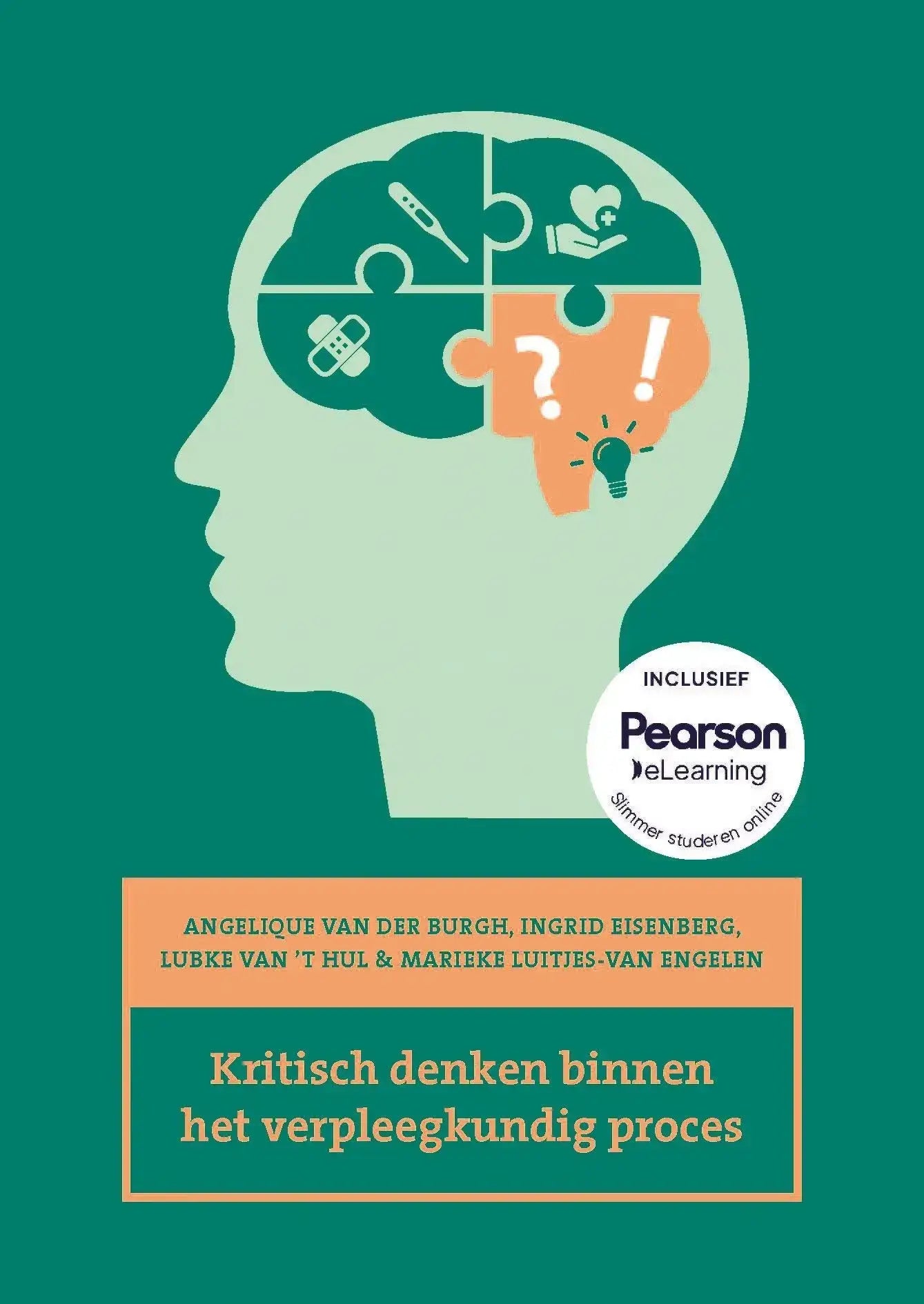 Het boekcover toont een gestileerd hoofd met iconen die kritisch denken binnen het verpleegkundig proces illustreren