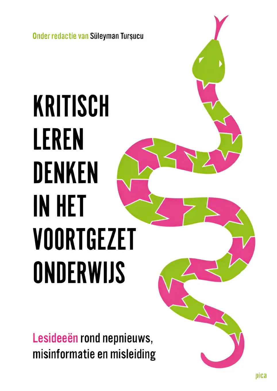 Illustratie van een levendige roze en groene slang met pijlen op de cover van een boek over kritisch leren denken in het voortgezet onderwijs
