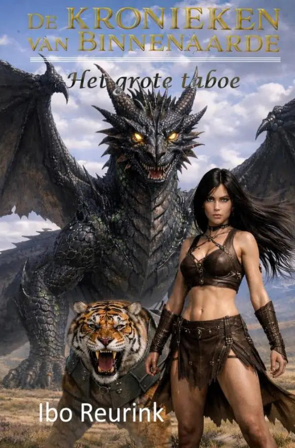De kronieken van binnenaarde het grote taboe boekcover met een zwarte draak en een vrouw in bruine leren harnas naast een oranje tijger
