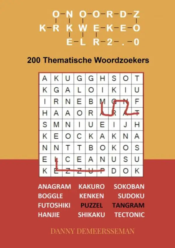 A vibrant orange and red cover of kronkelwoordzoeker 2.0 featuring 200 thematische woordzoekers with a word search grid
