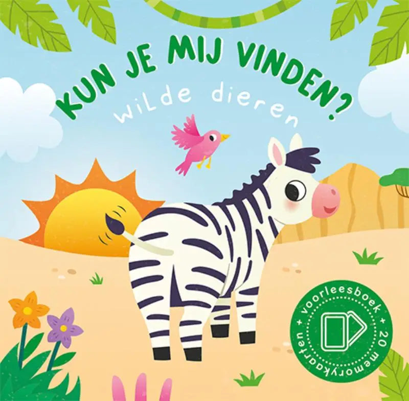 Cartoon zebra met zwarte en witte strepen en een roze neus in savannelandschap voor jonge lezers wilde dieren boek