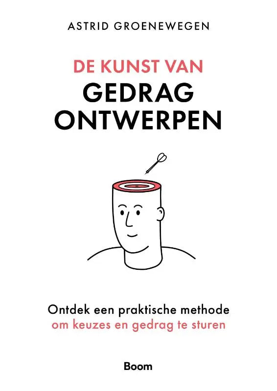 De boekcover van de kunst van gedrag ontwerpen toont een minimalistisch hoofd met rode ringen en een schaar als praktische methode