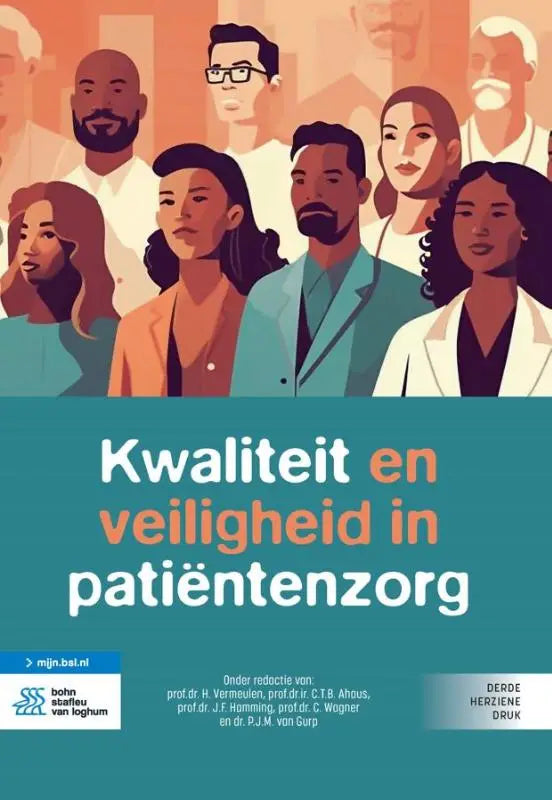 De boekcover van kwaliteit en veiligheid in patiëntenzorg door bsl media toont zorgprofessionals op een groene achtergrond