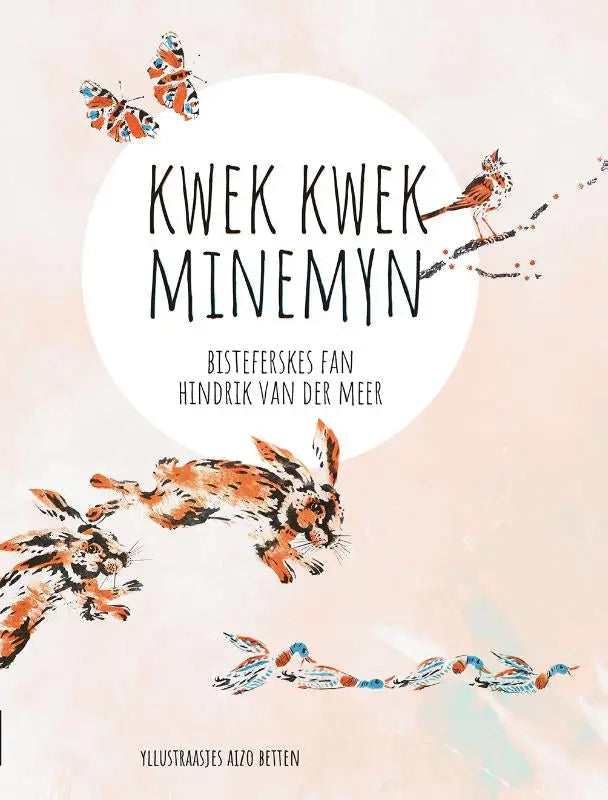 De kinderboekcover van kwek kwek minemyn toont zachte aquarelillustraties met oranje en bruine konijnen en vlinders