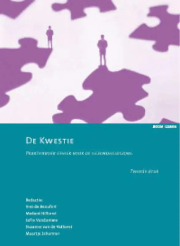 De cover van het boek de kwestie van koninklijke boom uitgevers toont minimalistische silhouetten op paarse puzzelstukken boven teal tekst