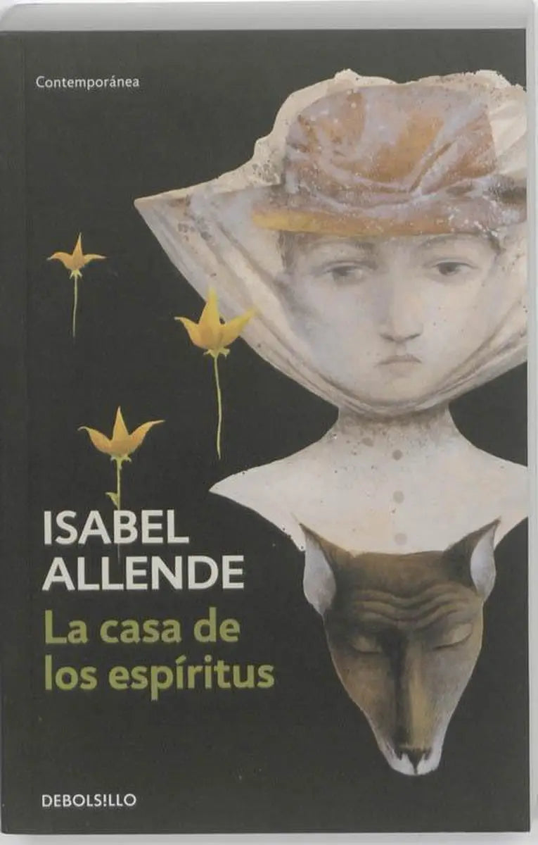 De boek cover van la casa de los espiritus van isabel allende toont een surrealistische afbeelding van een vrouwen gezicht met een vos eronder op een donkere achtergrond