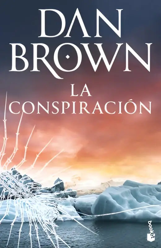 Deception point boekcover la conspiración van dan brown toont een dramatisch ijslandschap met gebarsten ijs onder oranje lucht