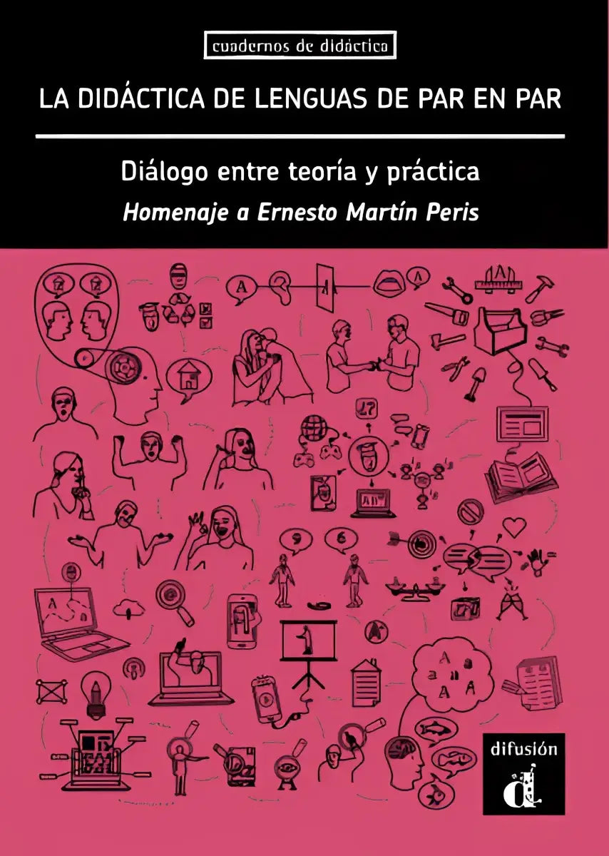 Roze boekcover van la didáctica de lenguas de par en par met zwarte lijntekeningen door ernesto martín peris
