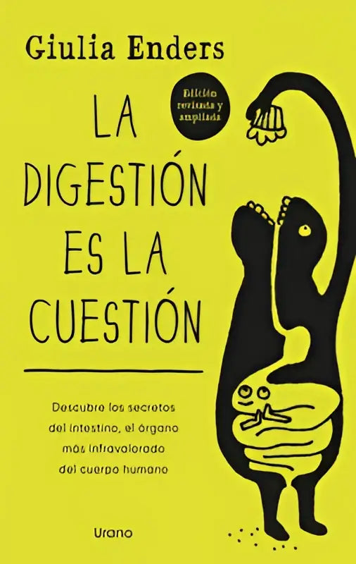 Boekcover la digestion es la cuestion met zwart gestileerde afbeelding van mens met open buik en darm tegen gele achtergrond