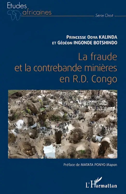 Blauwe boekomslag met foto van open landschap en voertuigen, getiteld la fraude et la contrebande minières en r.d. congo