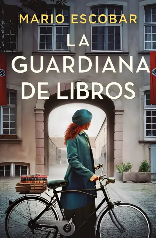 A woman in a teal coat and beret stands beside a vintage bicycle by an arched stone doorway in the guardian image