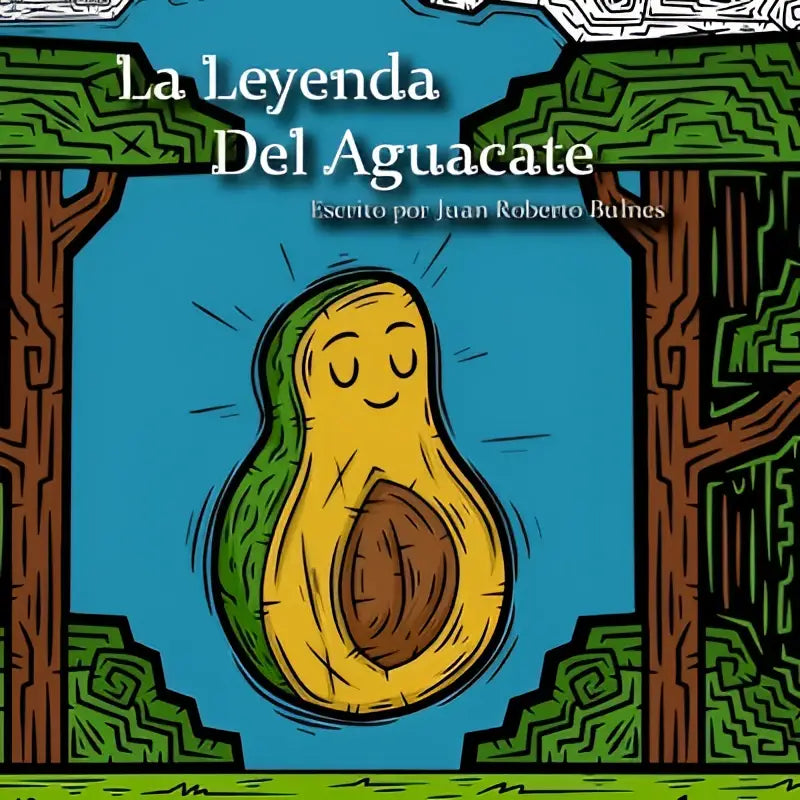 Cartoon avocado with smiling face and brown pit on stylized children’s book cover of leyenda del aguacate