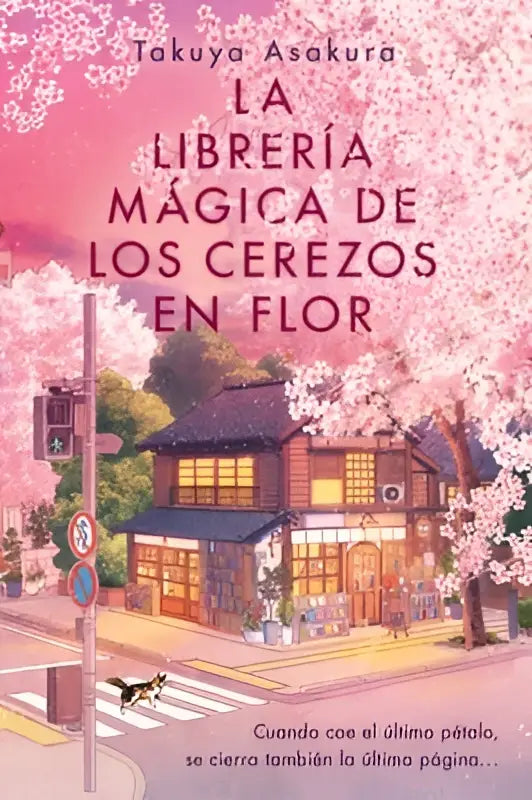 De cover van het boek la librería mágica de los cerezos en flor toont een japans gebouw bij bloeiende cerezos met warme lichten in the vanishing cherry