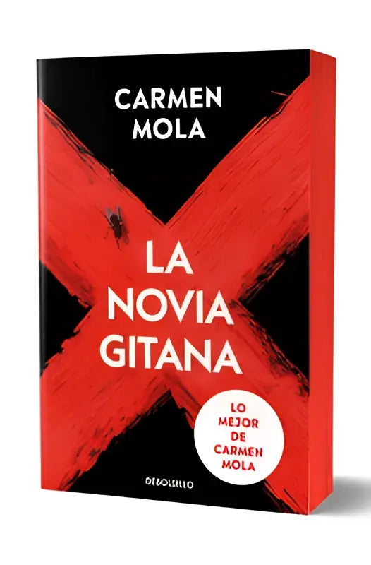 Rood zwarte boekomslag met witte tekst la novia gitana door carmen mola met opvallend x-ontwerp en limitada cantos pintados editie
