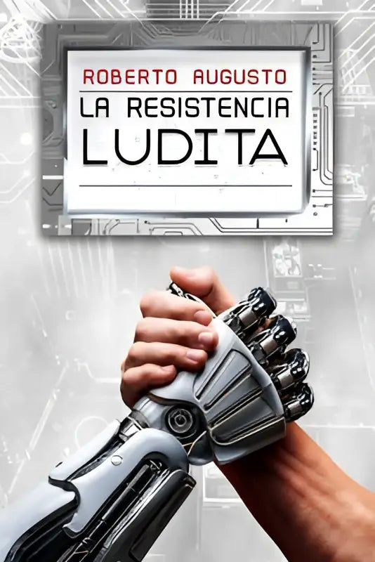 A metallic gray robotic arm gripping a human hand in resistencia ludita una novela de ciencia ficción