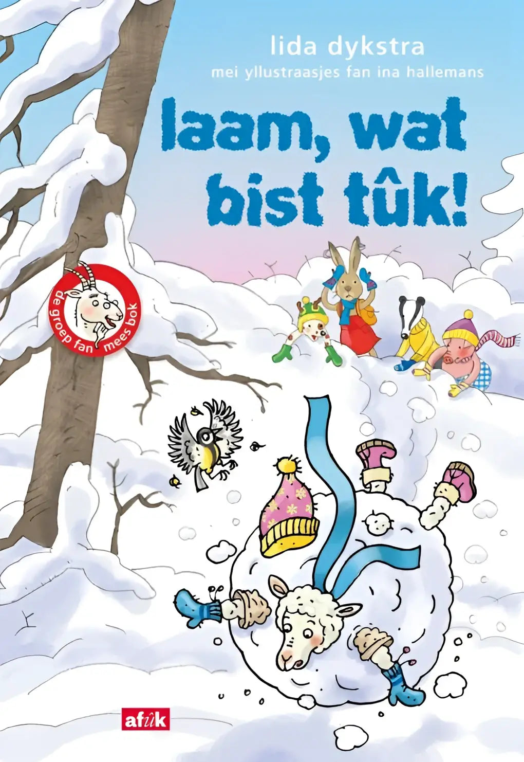 A colorful children’s book cover featuring a cartoon sheep in snow with a pink and yellow hat for bist tûk