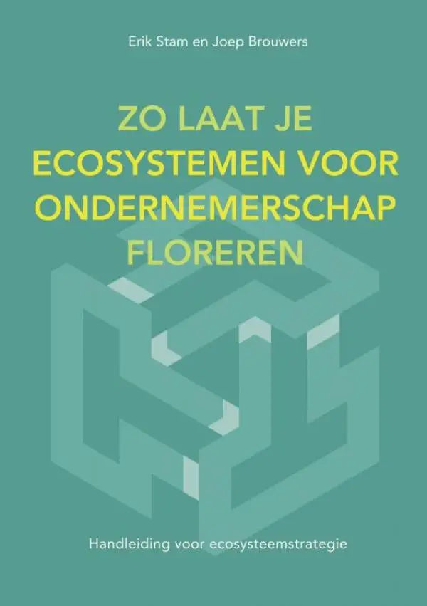 Teal boekcover met geometrisch doolhofontwerp en gele tekst zo laat je ecosystemen voor ondernemerschap floreren van erik stam en joep brouwers