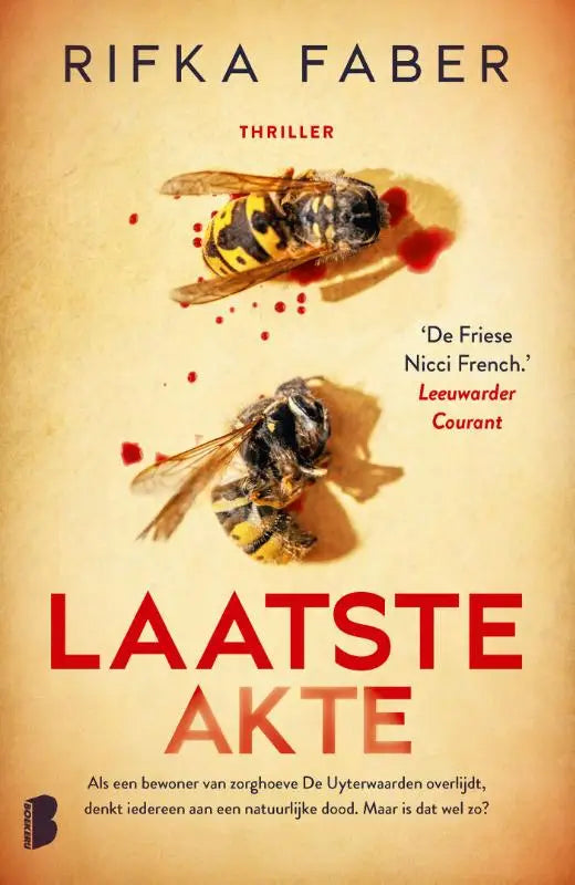 Boekcover van laatste akte toont twee dode wespen met gele en zwarte strepen op beige achtergrond met rode vlekken natuurlijke dood uyterwaarden overlijdt