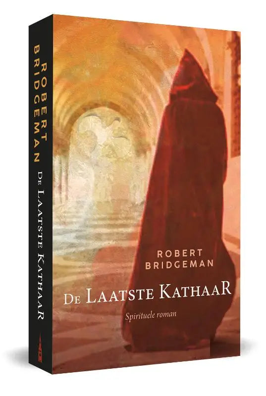 Hardcover boek de laatste kathaar met roodbruine kaft en illustratie van een gewaadfiguur in stenen boog