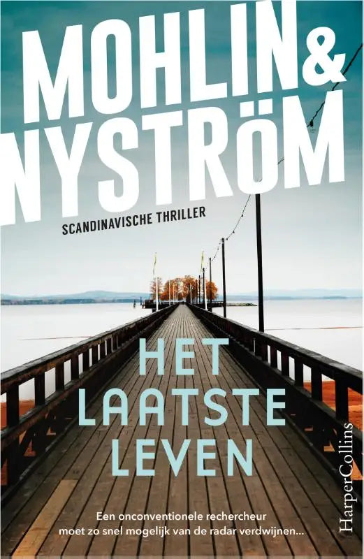 De boekcover van het laatste leven toont een onconventionele rechercheur met een houten pier en rustige wateren door john adderley