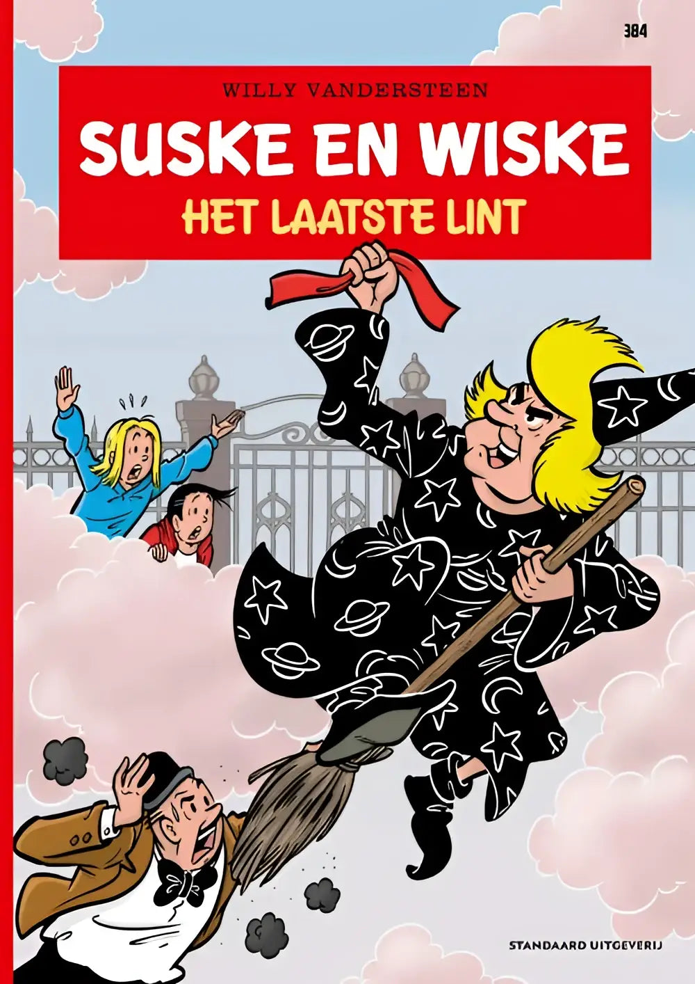 Zwart stervormig heksenpak met bijpassende hoed vliegend op bezemsteel uit het laatste lint product