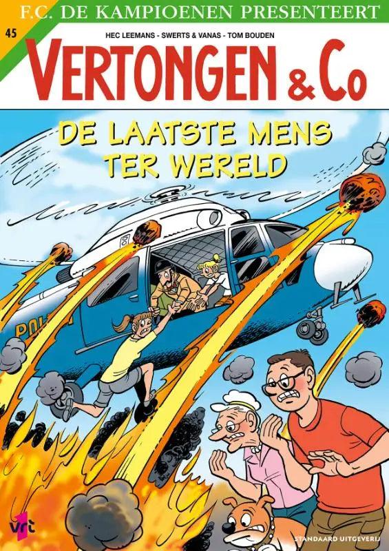 Blauwe en witte politiehelikopter met oranje vlammen draagt passagiers door chaotische scène in de laatste mens ter wereld