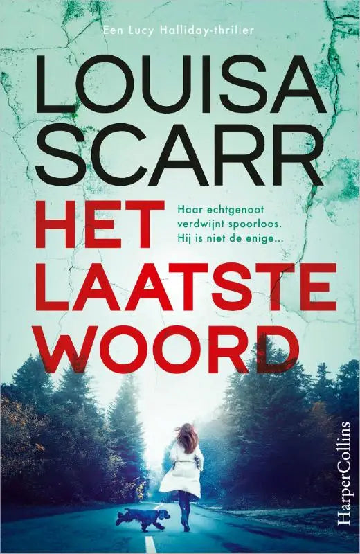 Boekcover van het boek Het laatste woord met een vrouw en haar hond op een weg en de tekst echtgenoot verdwijnt spoorloos