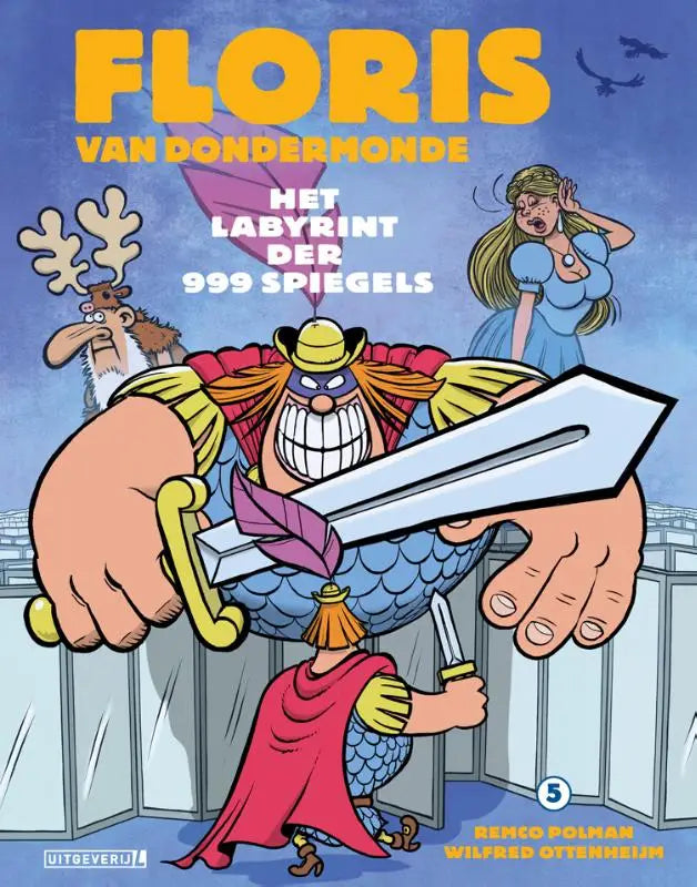 De cover van het stripboek floris van dondermonde het labyrint der 999 spiegels toont kleurrijke illustraties voor algemeen publiek door remco polman