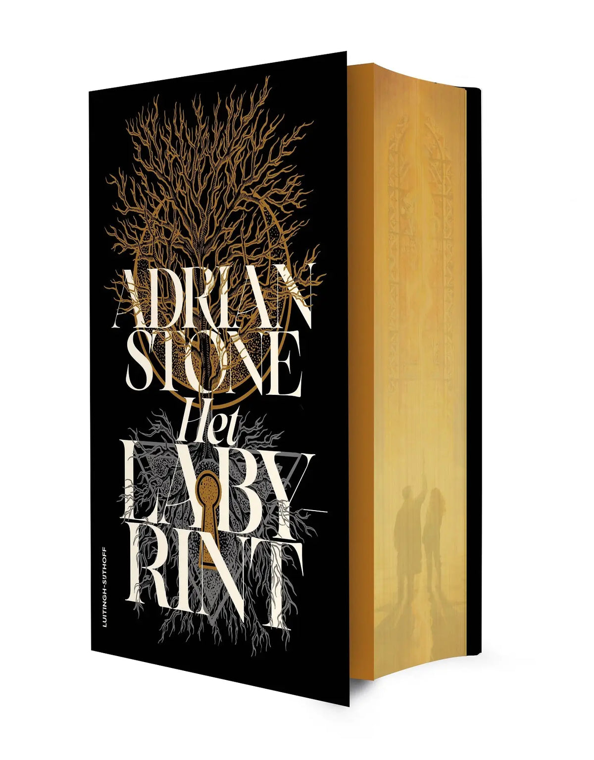 Zwart gebonden boek het labyrint met gouden bladgoud boomontwerp en witte titel tekst van luitingh sijthoff adrian stone