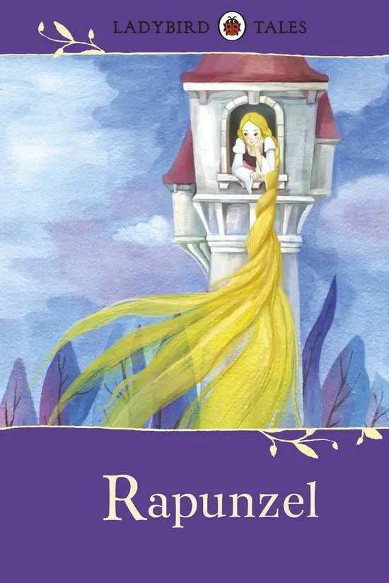 Cover van het ladybird tales boek rapunzel met een aquarelillustratie van een vrouw met lang goud haar bij een witte toren