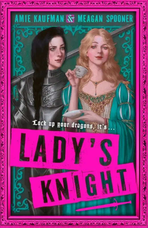 Roze en teal omslag van lady’s knight met twee geïllustreerde vrouwen, een in zwart harnas en een in groene jurk