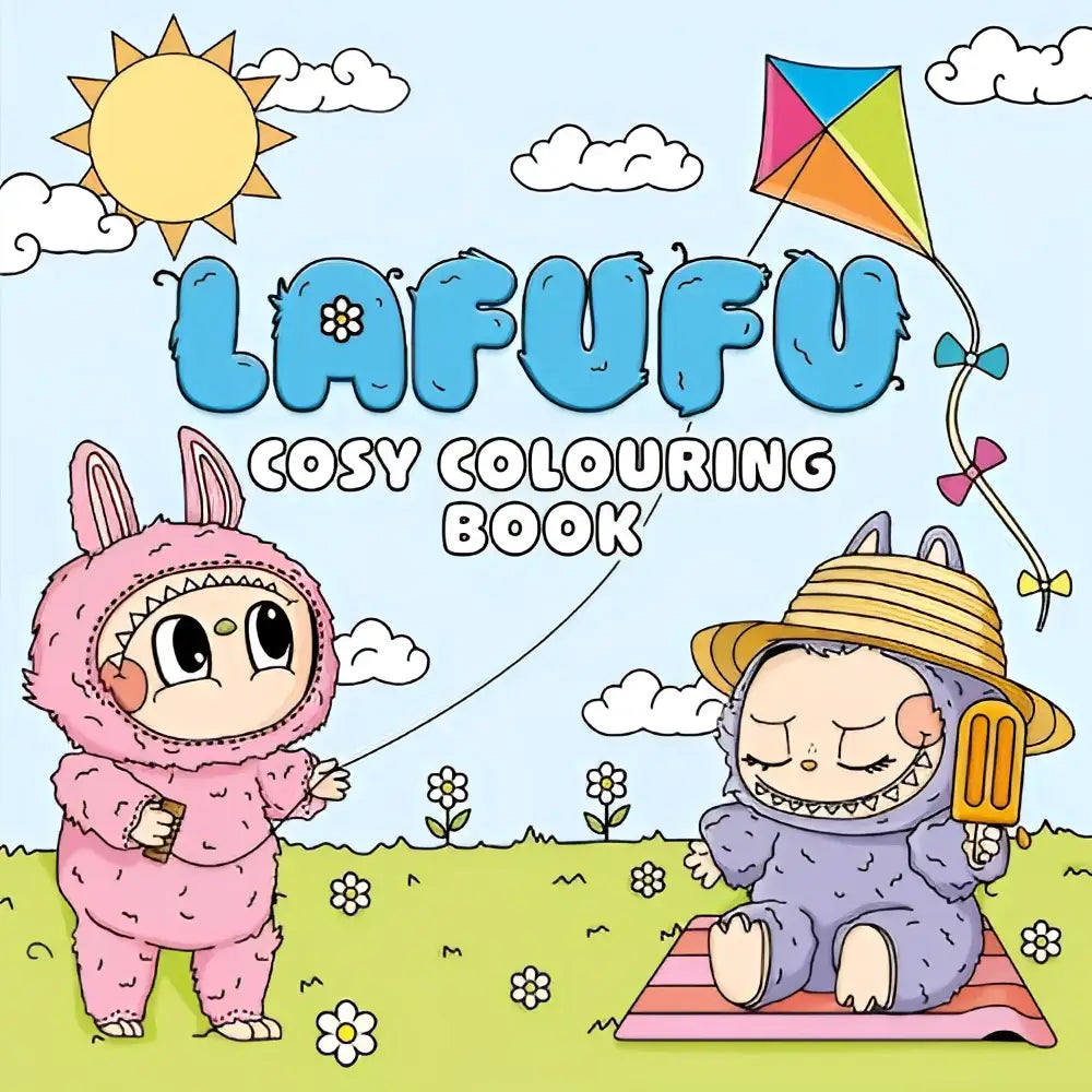 Pink en paarse pluche lafufu karakters in zonnig veld met kleurrijke vlieger in lafufu cosy colouring book een schattig en comfortabel kleurboek