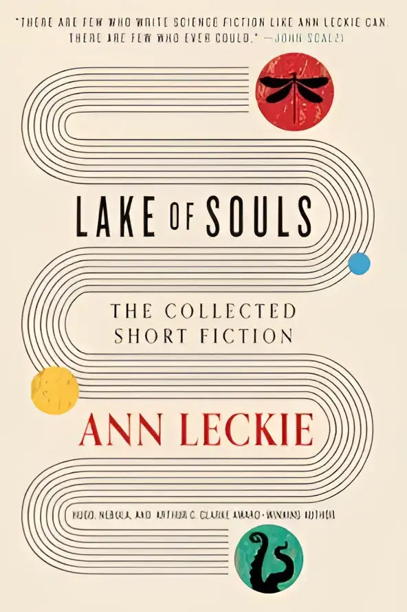 The lake of souls collected short fiction book cover by ann leckie features minimalist black and beige curved lines