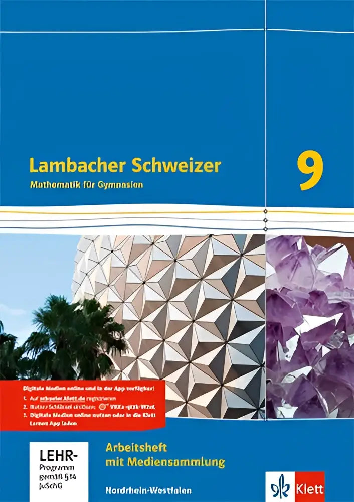 Blauw omslagen lambacher schweizer mathematik 9 werkboek met geometrisch gebouw en paarse kristallen voor gymnasium