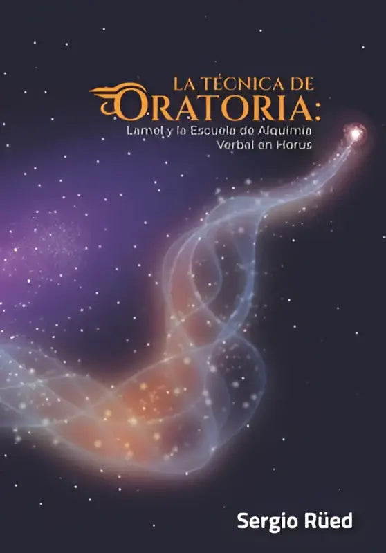 De boekcover van lamel y la escuela de alquimia verbal en horus toont een kosmisch ontwerp met lichtsporen tegen een paarse achtergrond