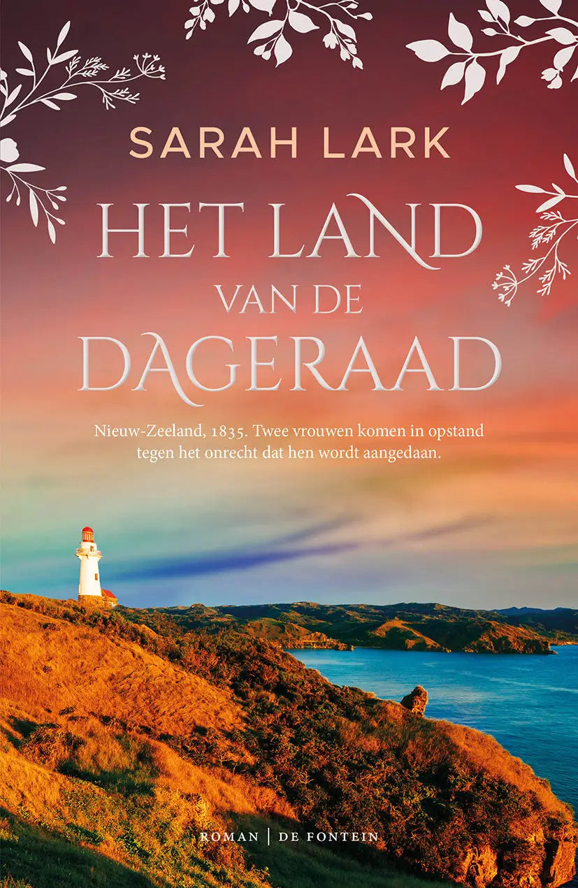 Het land van de dageraad boekomslag met witte vuurtoren met rode accenten op een grasrijke heuvel bij zonsondergang