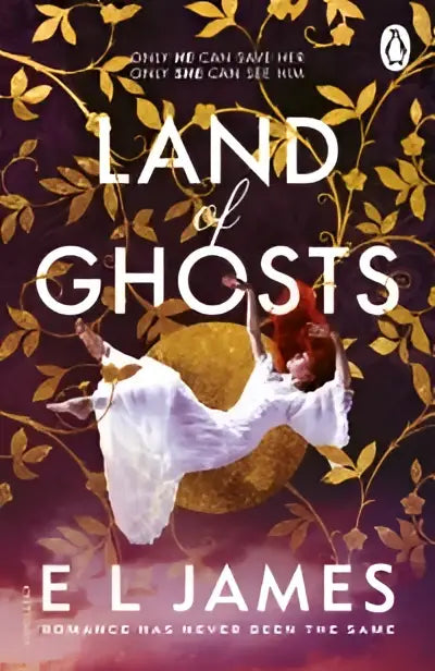 De boekcover van land of ghosts door e l james toont een donkerpaarse en gouden achtergrond met twee figuren in witte kleding