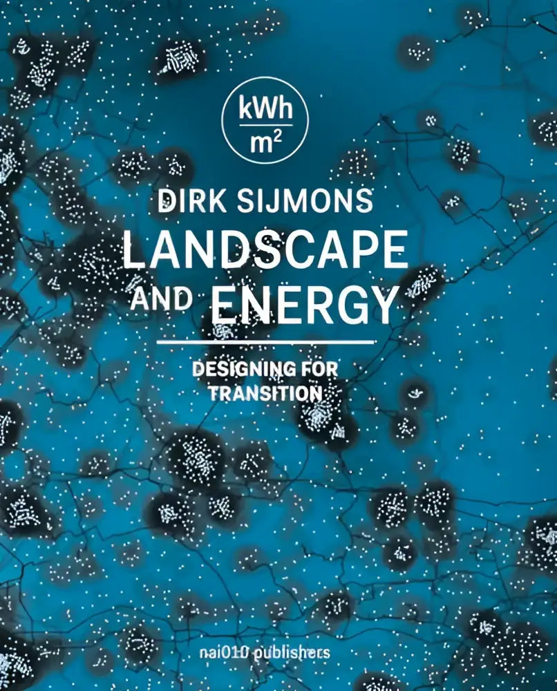 Blauw boekcover landscape and energy van dirk sijmons met netwerkdesign van zwarte punten en witte vlekken